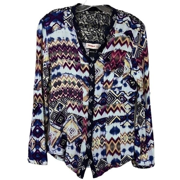 Desigual Medium Chemise Menorca Bleu Long Sleeve Aztec Print Blouse Lace Back O - Picture 1 of 8